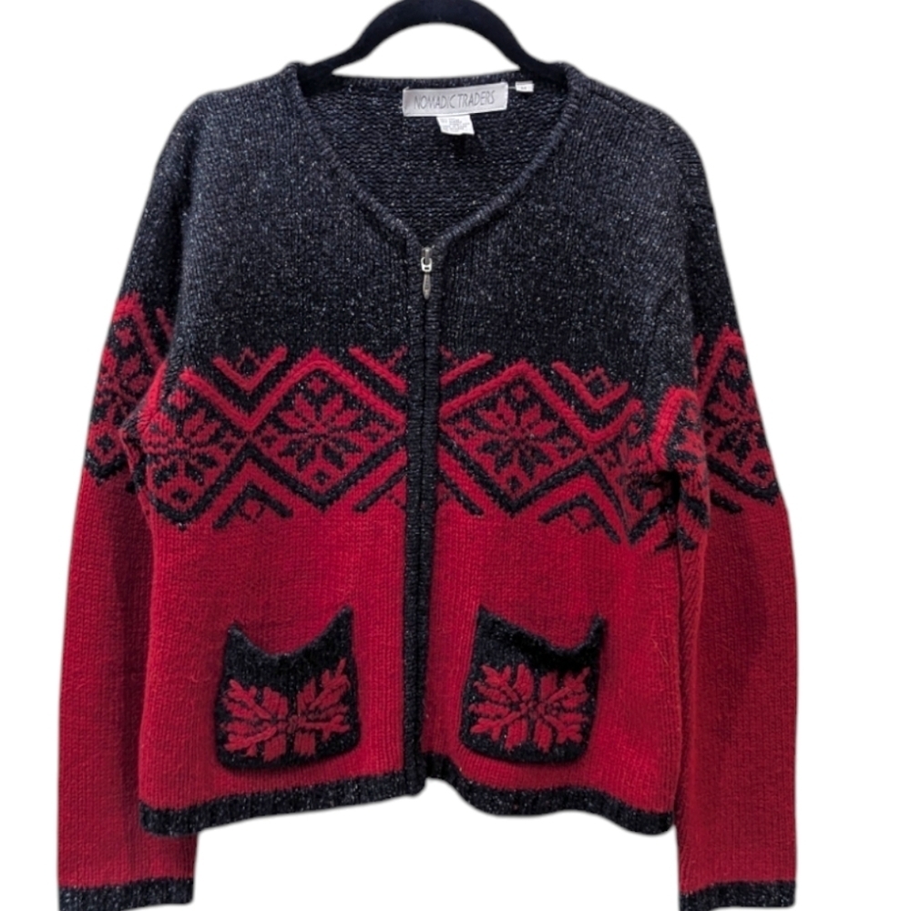 Nomadic Traders Silk/Angora Blend Grey/Red Fair Isle Nordic Holiday Cardigan (M)